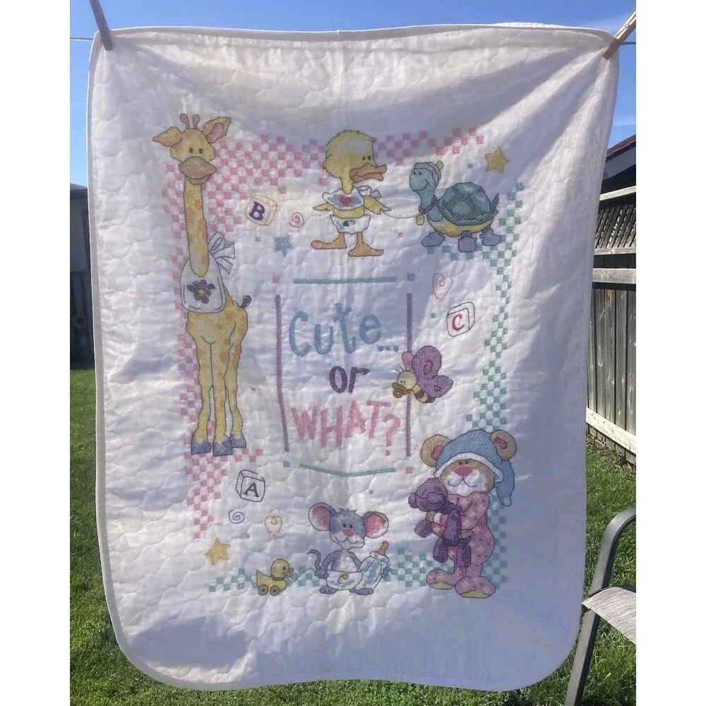 Vintage Cross Stitch Baby Crib Blanket Quilt Cute or What? Handmade 32